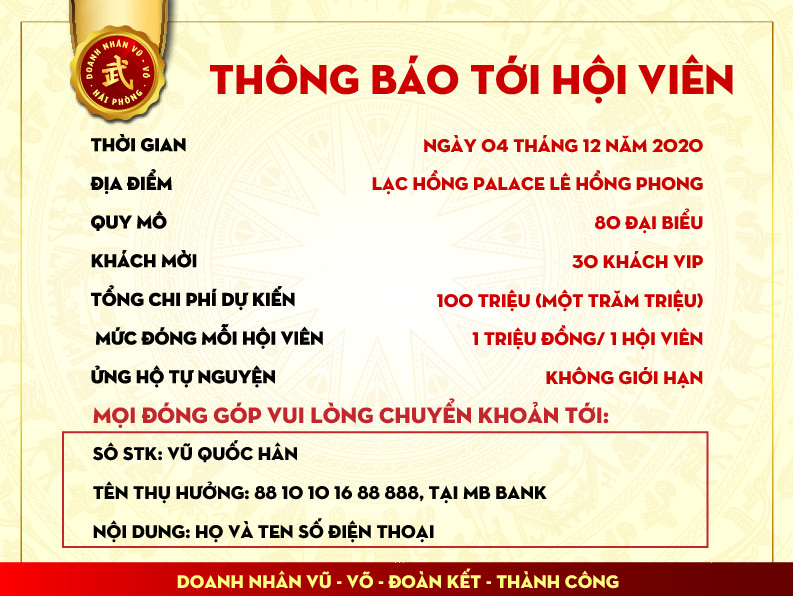 Thông báo sự kiện ra mắt hội Doanh nhân Vũ Võ Hải Phòng - 04/12/2020